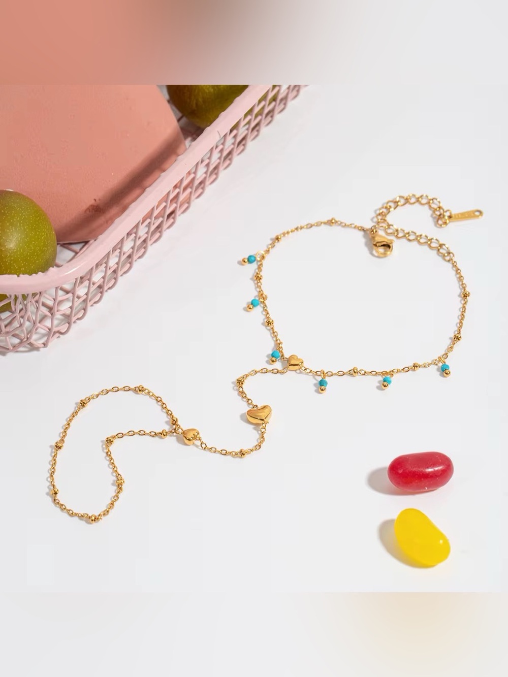 18K Gold Plated Turquoise Beaded Heart Hand Chain Bracelet - Picture 8 of 10